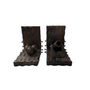 Vintage Wood Cannon And Balls Bookends Gothic Revival Medieval Military Pirates